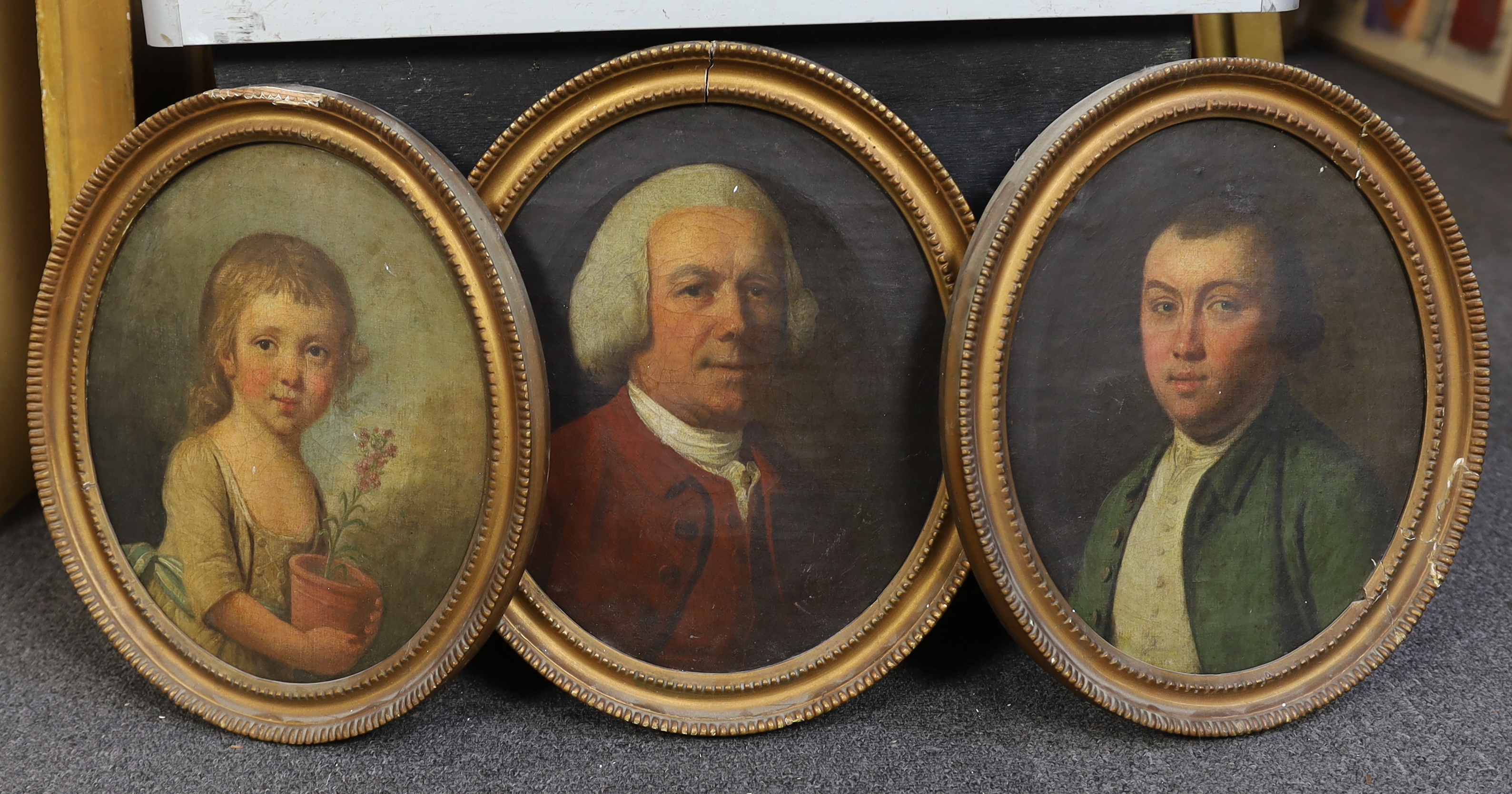 English School c.1770, Portraits of members of the Burgoyne family, oils on canvas (3), largest 31 x 25cm